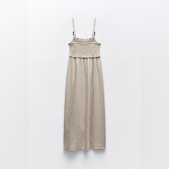 Zara Khaki Linen Smocked Midi Dress - Picture 7 of 9